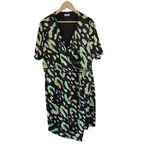 Bespoke Black Multi Faux Wrap Jersey Knit Dress Sz 24 V-neck Minimalist Peasant